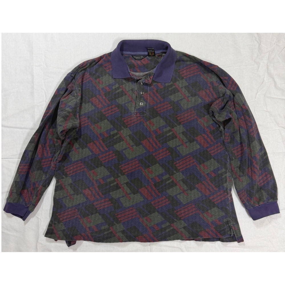 Vintage Christian Dior Monsieur Polo Shirt L Purple Geometric Long Sleeve Cotton